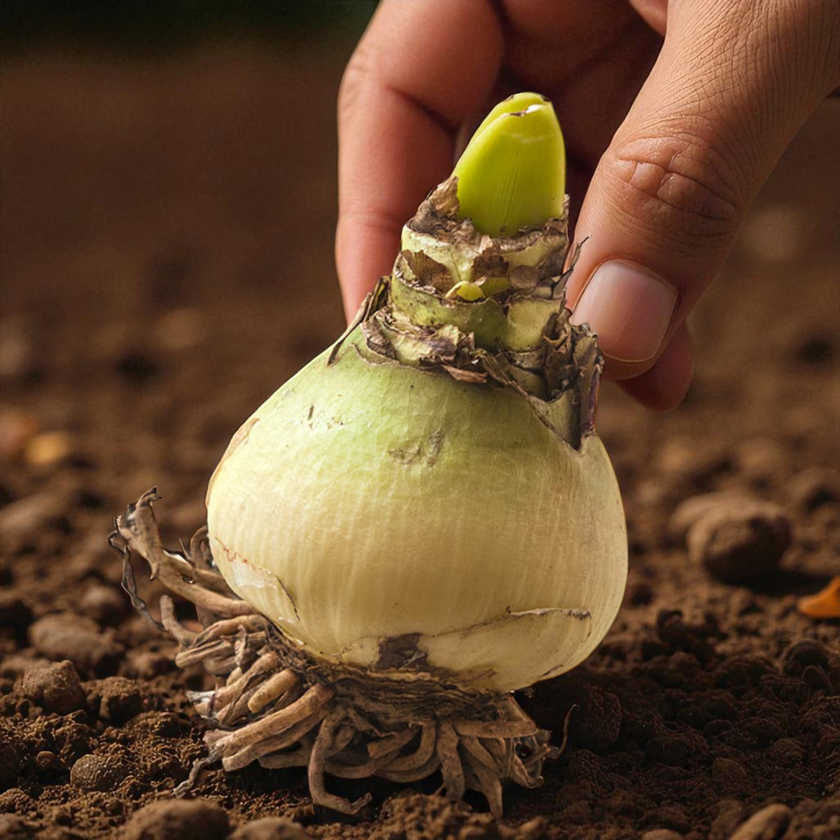 Amaryllis Hippeastrum Spring Bulbs Hand planting a large Amaryllis bulb in soil, with roots spread out and a green shoot emerging from the top. 3