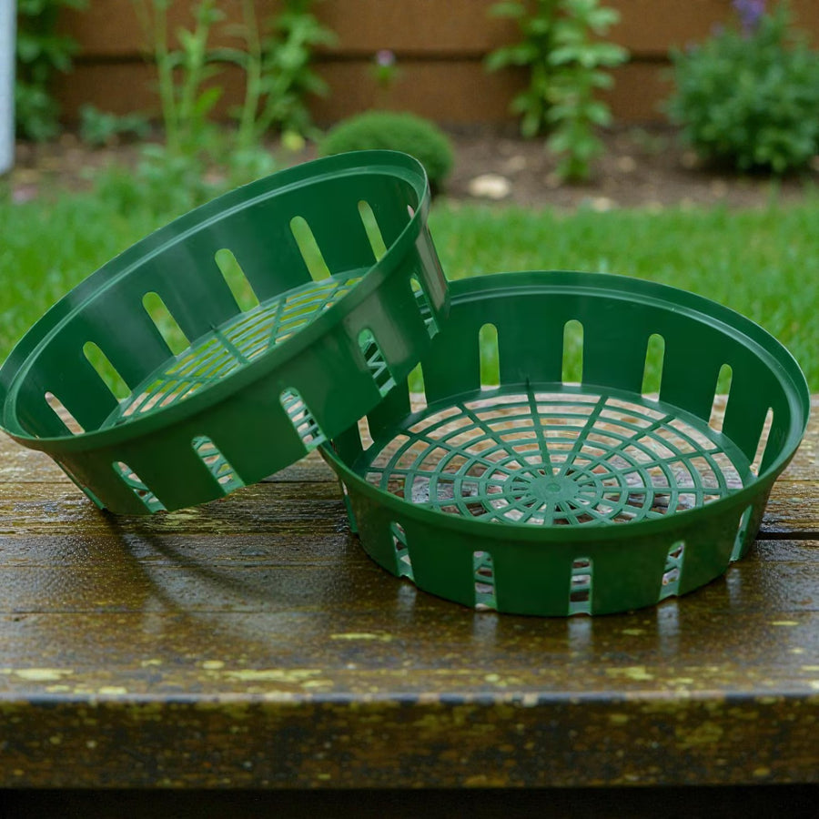 Bulb Baskets Two green plastic bulb planting baskets placed on a wooden garden table outdoors. 1