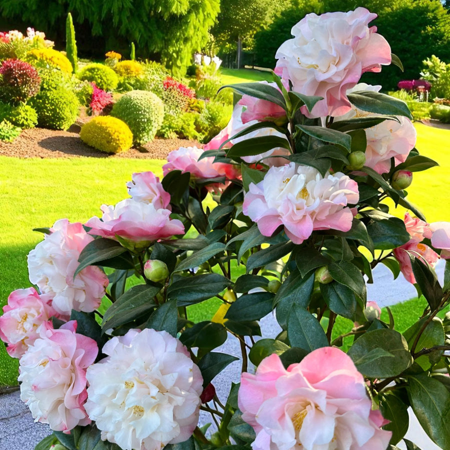 Nuccio's Jewel Camellia A Camellia 'Nicco's Jewel' shrub in full bloom, displaying a mass of light pink flowers with ruffled petals and golden stamens, standing out against rich green foliage in a vibrant garden. 1