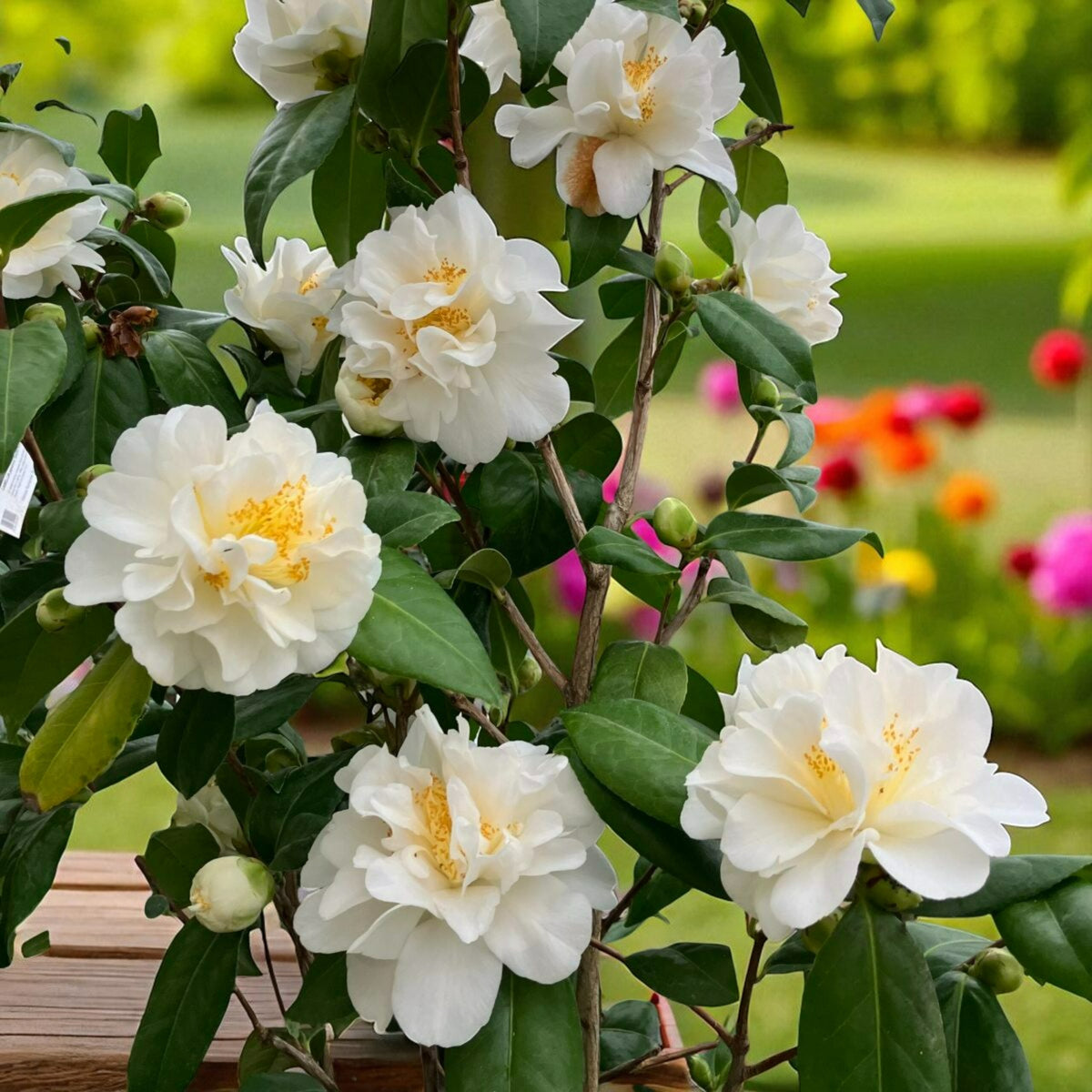 Silver Anniversary Camellia A flowering Camellia 'Silver Anniversary' plant with multiple semi-double white blooms showcasing golden yellow stamens, surrounded by glossy dark green foliage, and a blurred garden of colourful flowers in the background. 2