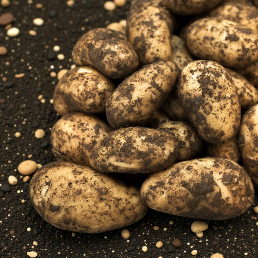 Seed Potatoes Charlotte A pile of freshly harvested Charlotte seed potatoes covered in soil, displayed on dark textured ground with scattered fertiliser pellets. 1