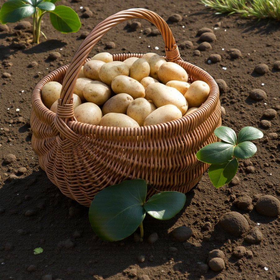 Seed Potatoes Charlotte A wicker basket filled with clean Charlotte seed potatoes sitting on freshly cultivated soil, surrounded by young green potato shoots. 2