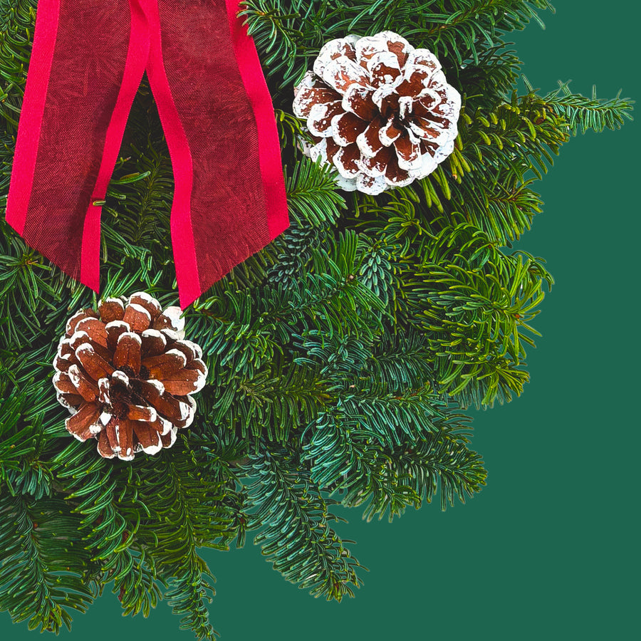 Classic Red Christmas Wreath Close-up of a Christmas wreath showing frosted pine cones, lush green spruce foliage, and a bright red organza bow. 2