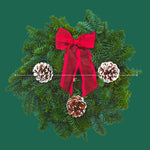 Classic Red Christmas Wreath Top-down view of an 8-inch classic red Christmas wreath with pine cones and red ribbon bow, displayed on a green background with size guide. 3