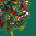 Candy Cane Christmas Wreath Close-up of a festive wreath featuring glossy red baubles, striped candy canes, and peppermint decorations nestled among green pine branches. 2
