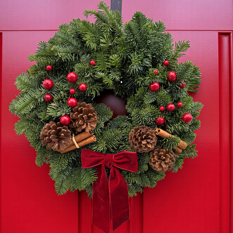 Festive Red Christmas Wreath A 10-inch traditional Christmas wreath made with fresh evergreen foliage, red berries, pinecones, and cinnamon sticks, finished with a rich red velvet ribbon bow, displayed on a red front door. 2