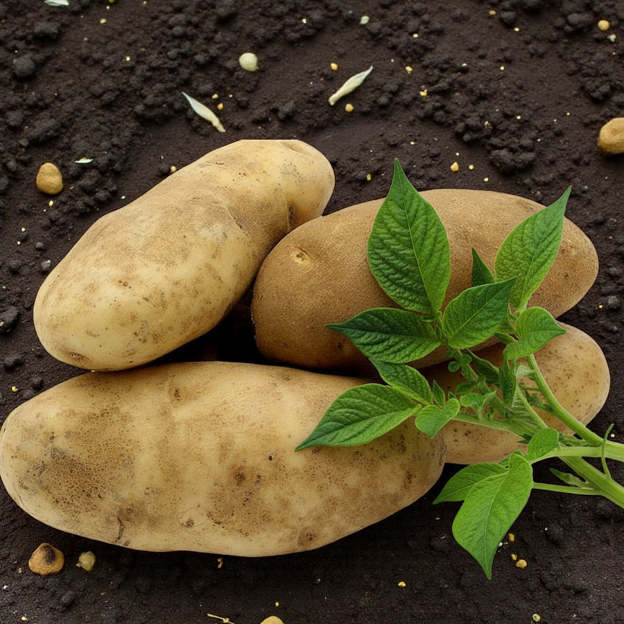 Seed Potatoes Golden Wonder Several Golden Wonder seed potatoes on dark soil beside a small potato plant, highlighting their elongated shape and earthy appearance. 3