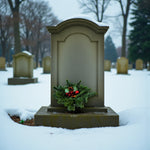 Christmas Grave Posy A festive evergreen grave posy with red berries, pinecones and fir foliage placed at the base of a headstone in a snowy cemetery, surrounded by other gravestones in the background. 2