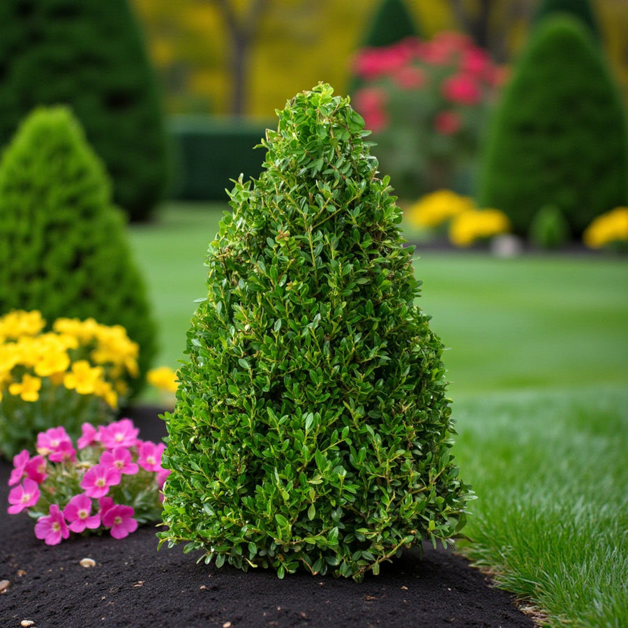 Ilex Crenata Pyramid Holy Bush Neatly pruned Ilex crenata pyramid shrub growing in a landscaped garden bed, surrounded by vibrant flowers and lush green grass, creating a tidy formal garden look. 2
