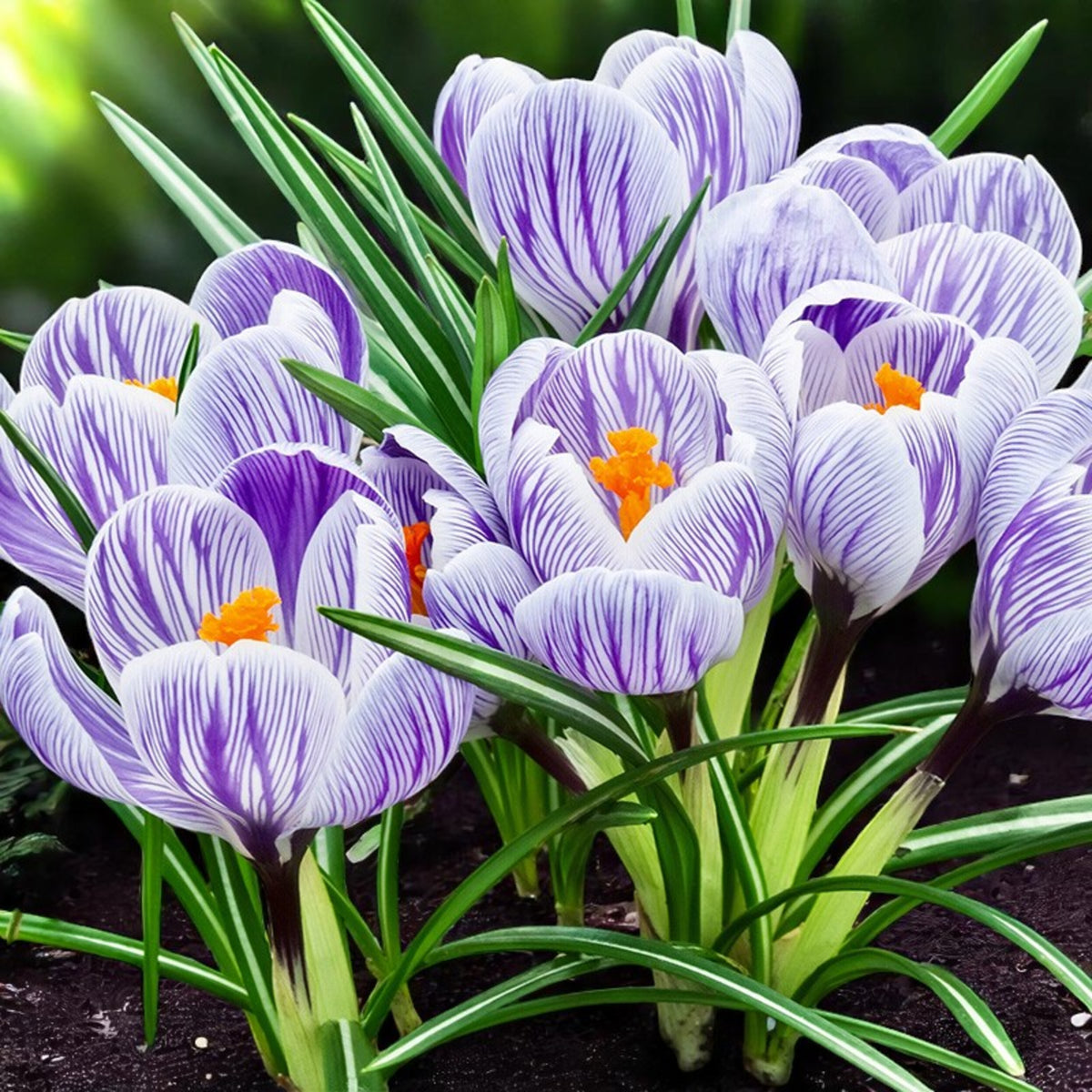 Crocus King of the Striped Bulbs Purple crocuses blooming in a garden, showcasing vibrant petals against a backdrop of garden soil. 2