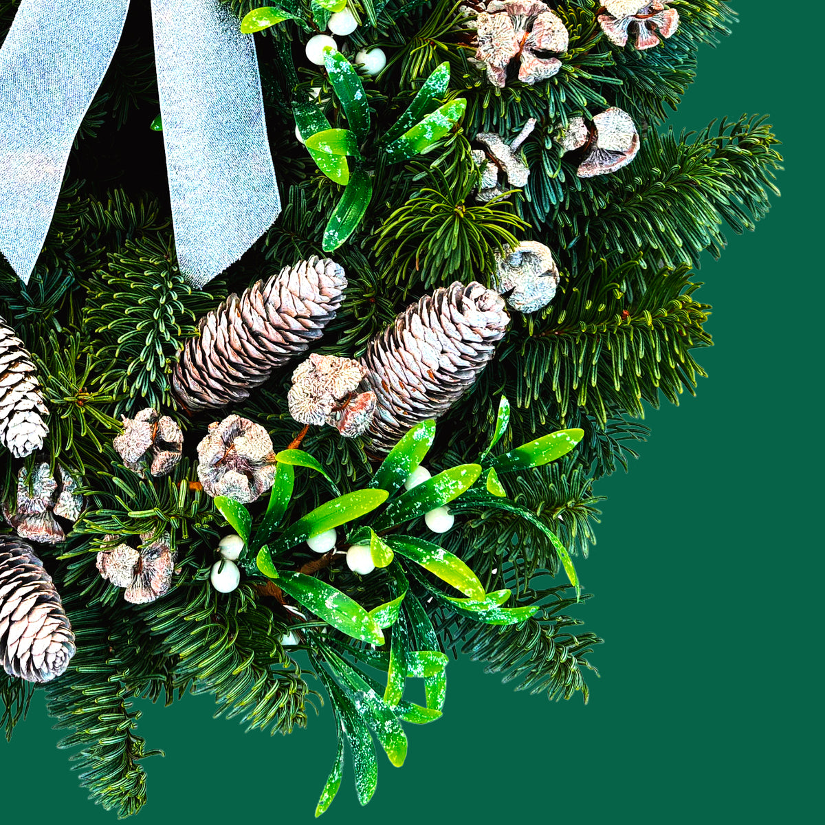 Mistletoe Kisses Christmas Wreath Close-up of the Mistletoe Kisses wreath showing frosted pinecones, glossy green mistletoe leaves, white berries, and textured evergreen foliage with a hint of sparkle. 2
