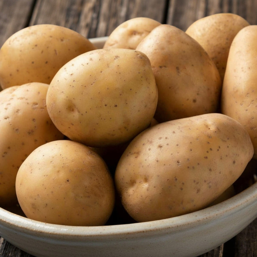Seed Potatoes Nicola Clean Nicola seed potatoes displayed in a ceramic bowl on a rustic wooden surface, highlighting their smooth golden skins. 4