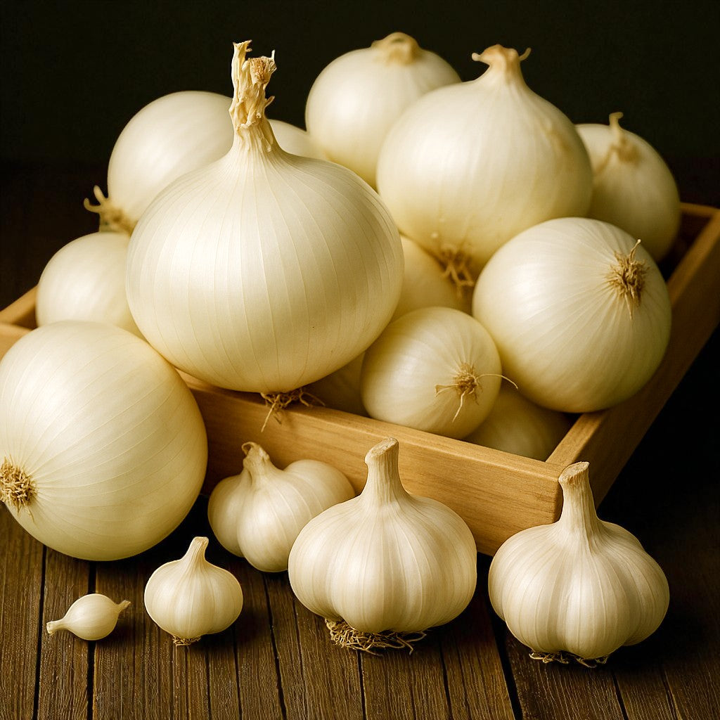 Mixed Varieties Onion Planting Sets A collection of white onions and garlic bulbs resting in a wooden crate on a dark wooden table. A few smaller garlic bulbs are placed in the foreground. 4