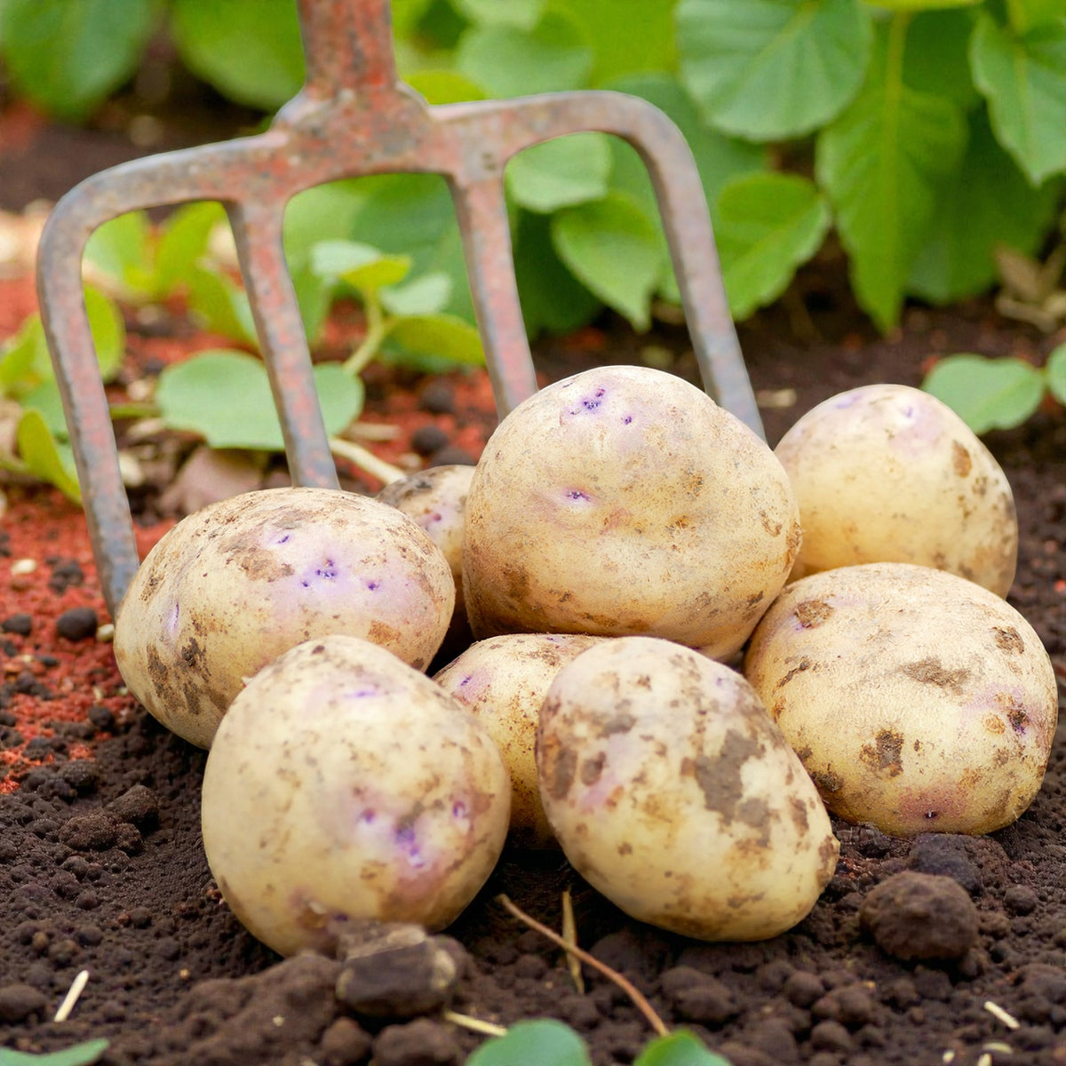 Seed Potato Mixed Varieties Freshly harvested organic Collen seed potatoes lying on loose soil with a garden fork behind them and young potato foliage in the background. 3