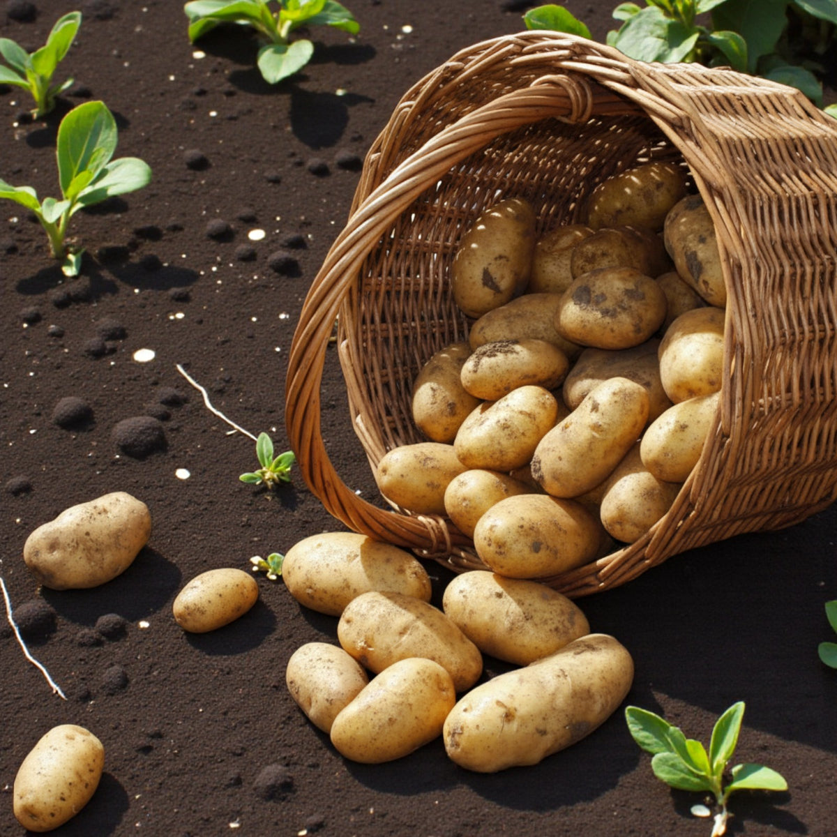 Seed Potato Mixed Varieties A wicker basket tipped over on dark soil, spilling out a large quantity of organic Collen seed potatoes among small emerging potato seedlings. 2