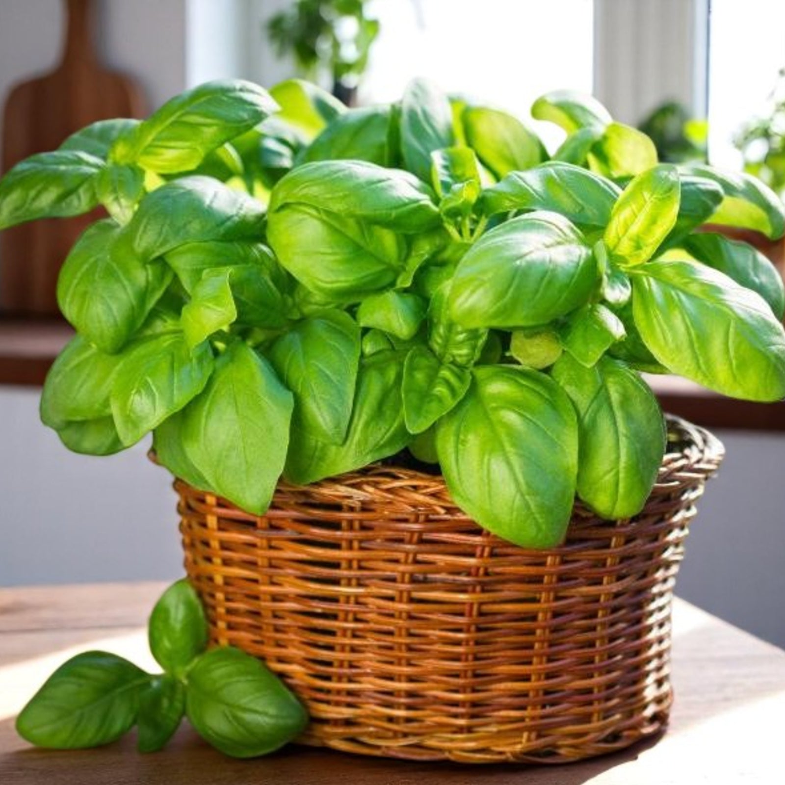 Fragrant green basil plant in wicker basket with blurred kitchen background. 