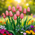 Tulip Pink Impression Spring Bulbs Pink tulip 'Pink Impression' flowers blooming in a mixed flowerbed with vibrant companion flowers and a soft-focus spring background. 5