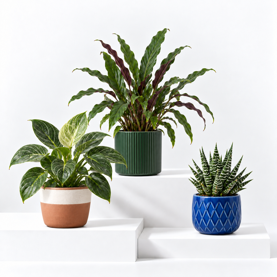 Kitchen Houseplant Collection - Calathea Rufibarba Elgergrass, Haworthia Fasciata Big Band & Philodendron White Wave  1