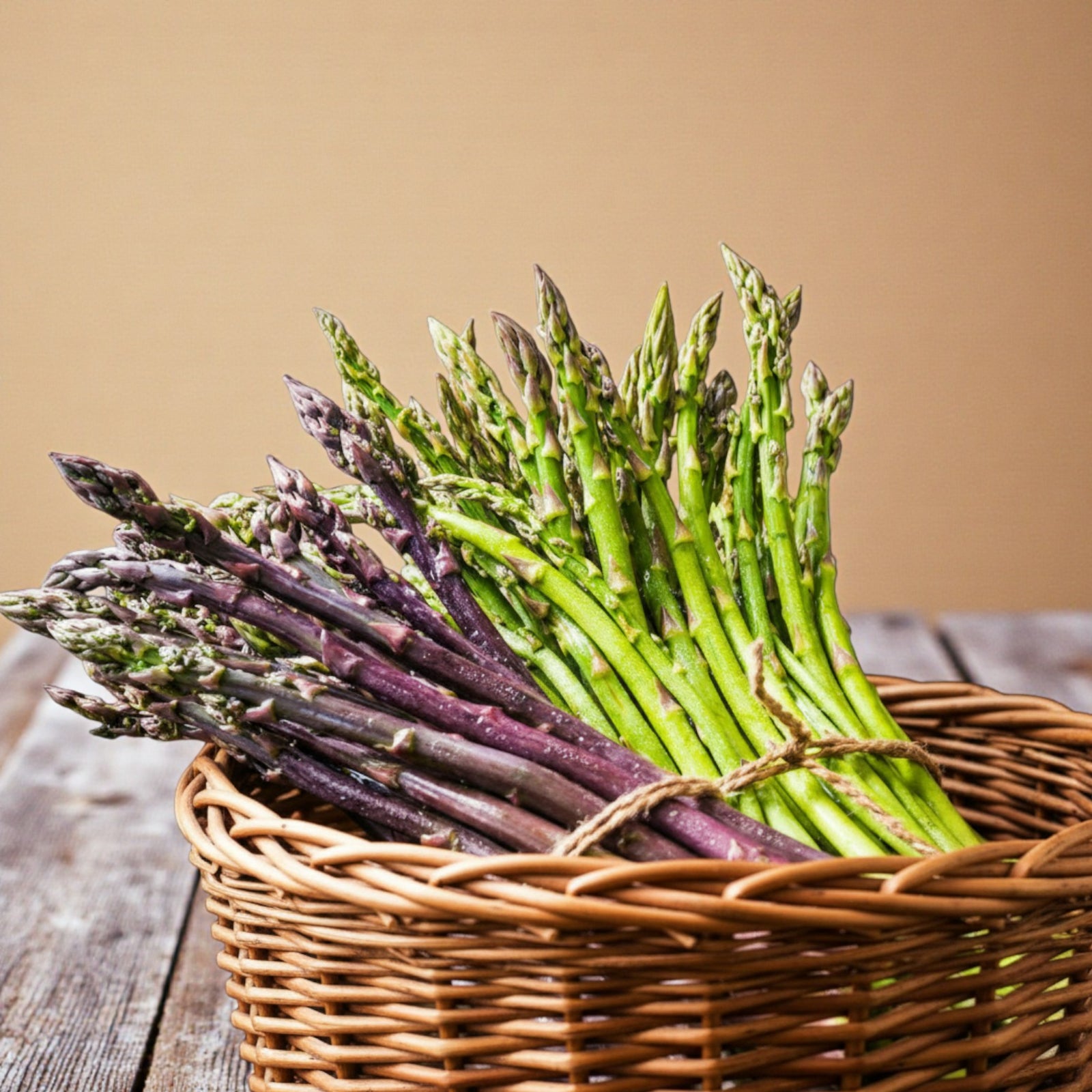 A wicker basket filled with freshly harvested mixed asparagus spears, including vibrant green and deep purple varieties, tied together with twine and displayed on a rustic wooden surface.