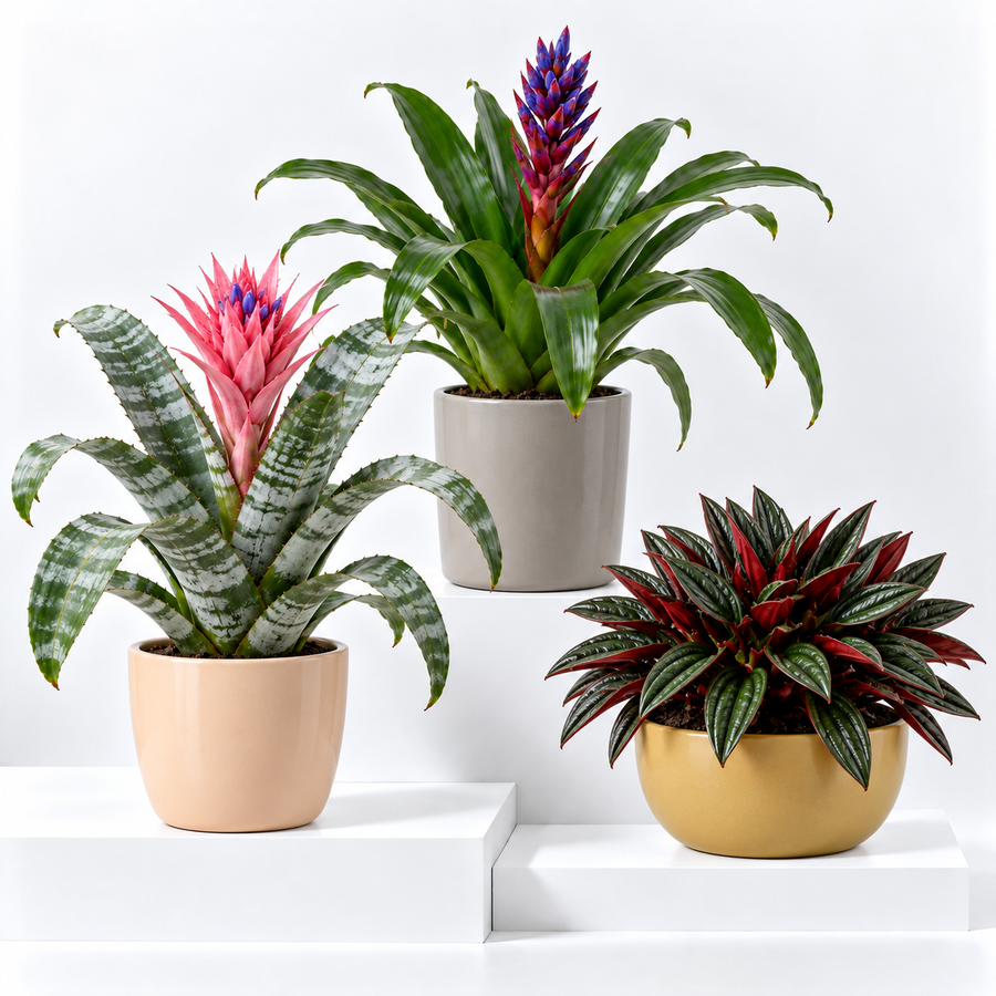 Bold Statement Houseplant Collection - Bromeliad Urn, Peperomia Caperata Roja Grande & Aechmea Blue Rain  1