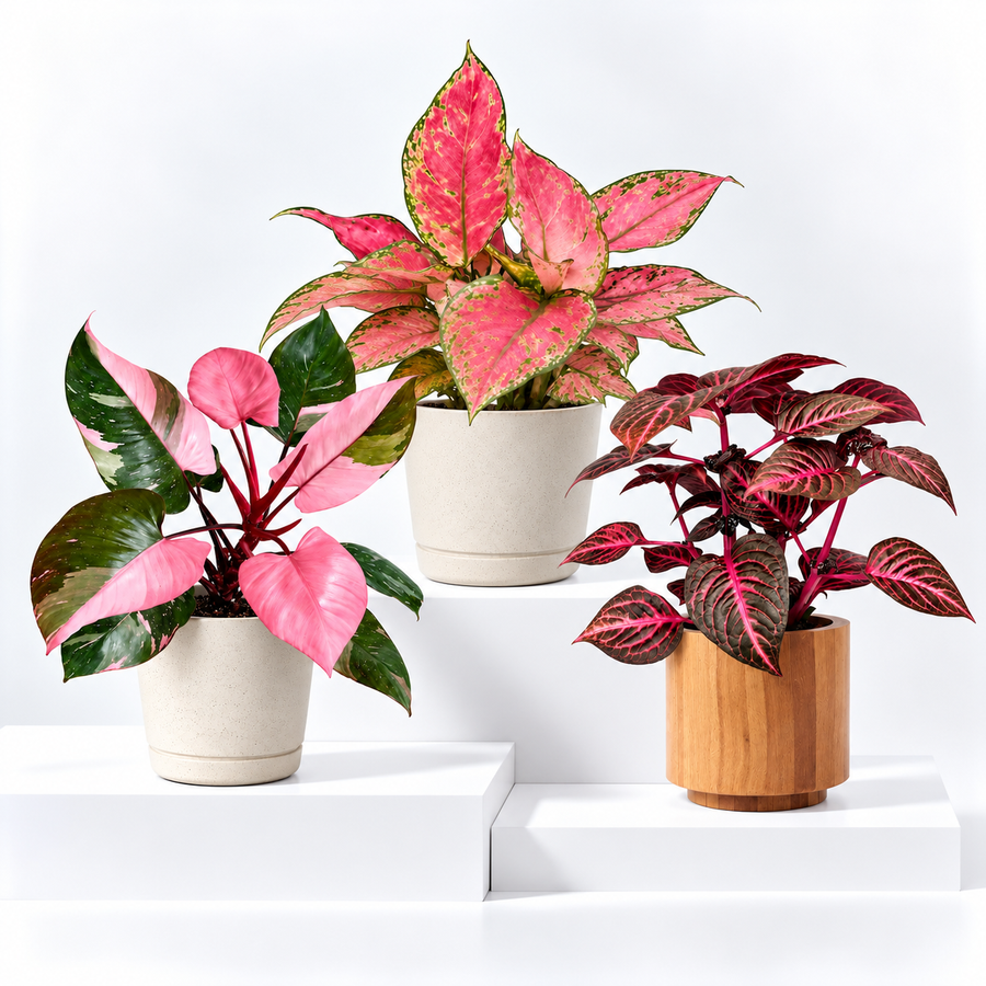 Indoor Plant Colour Collection -  Philodendron Pink Princess, Aglaonema Cherry Baby & Iresine Herbstii Rich Redstar  1