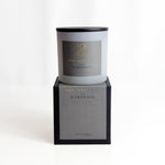 Green Gardenia Soy Candle Frosted glass candle with a grey label reading “Green Gardenia Scented Soy Candle,” displayed on its matching grey and black presentation box. Elegant and minimal design on a white background. 1