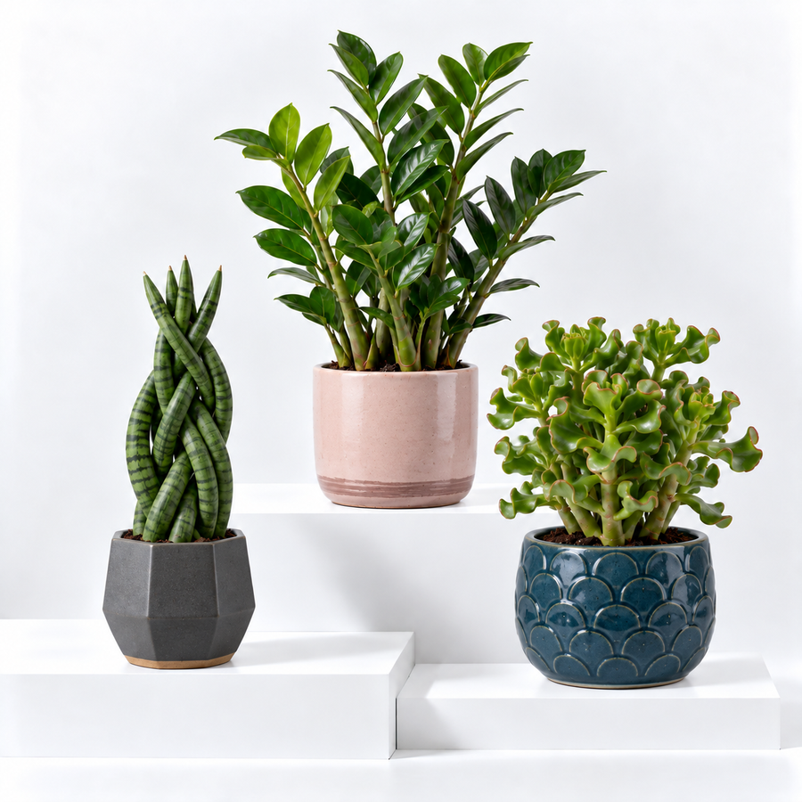 Home Office Houseplant Collection - Sansevieria Twister, Ripple Jade Money Plant & ZZ Plant  1