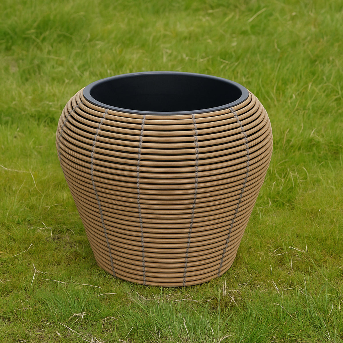 Mica Plant Pots - Light Brown Cane Large decorative wicker plant pot with curved design and grey accents, set outdoors on green grass. 4