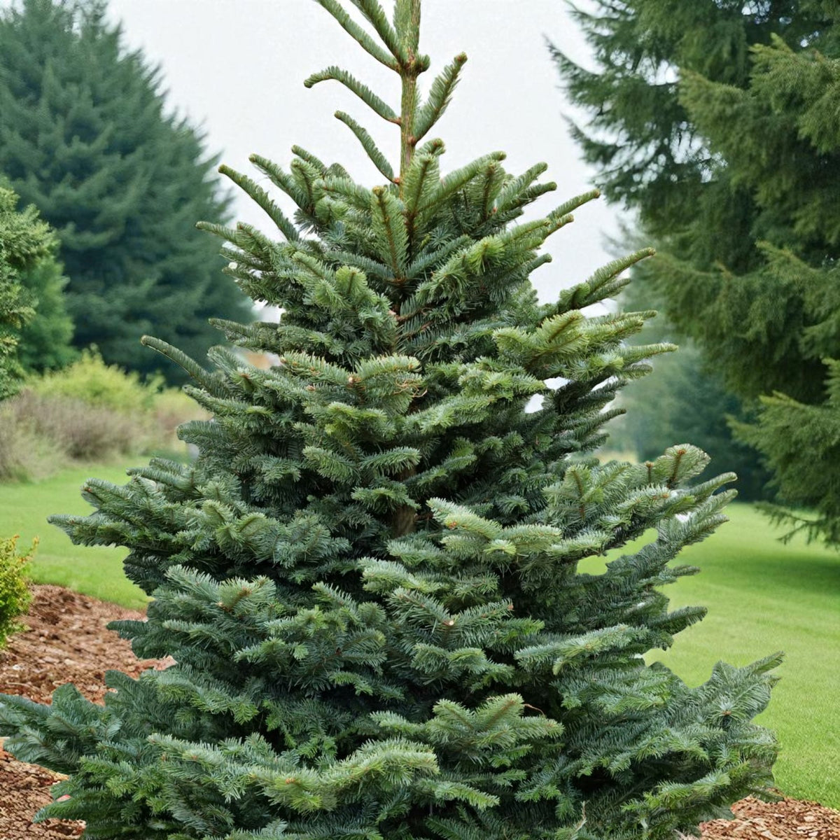 Noble Fir Pot Grown Christmas Tree Outdoor Noble fir Christmas tree with dense blue-green needles, standing in a landscaped garden with other evergreens in the background. 3