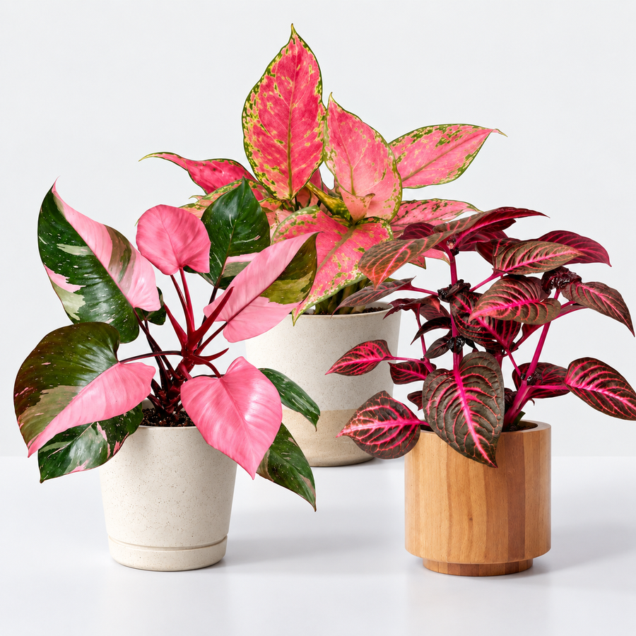 Indoor Plant Colour Collection -  Philodendron Pink Princess, Aglaonema Cherry Baby & Iresine Herbstii Rich Redstar  2